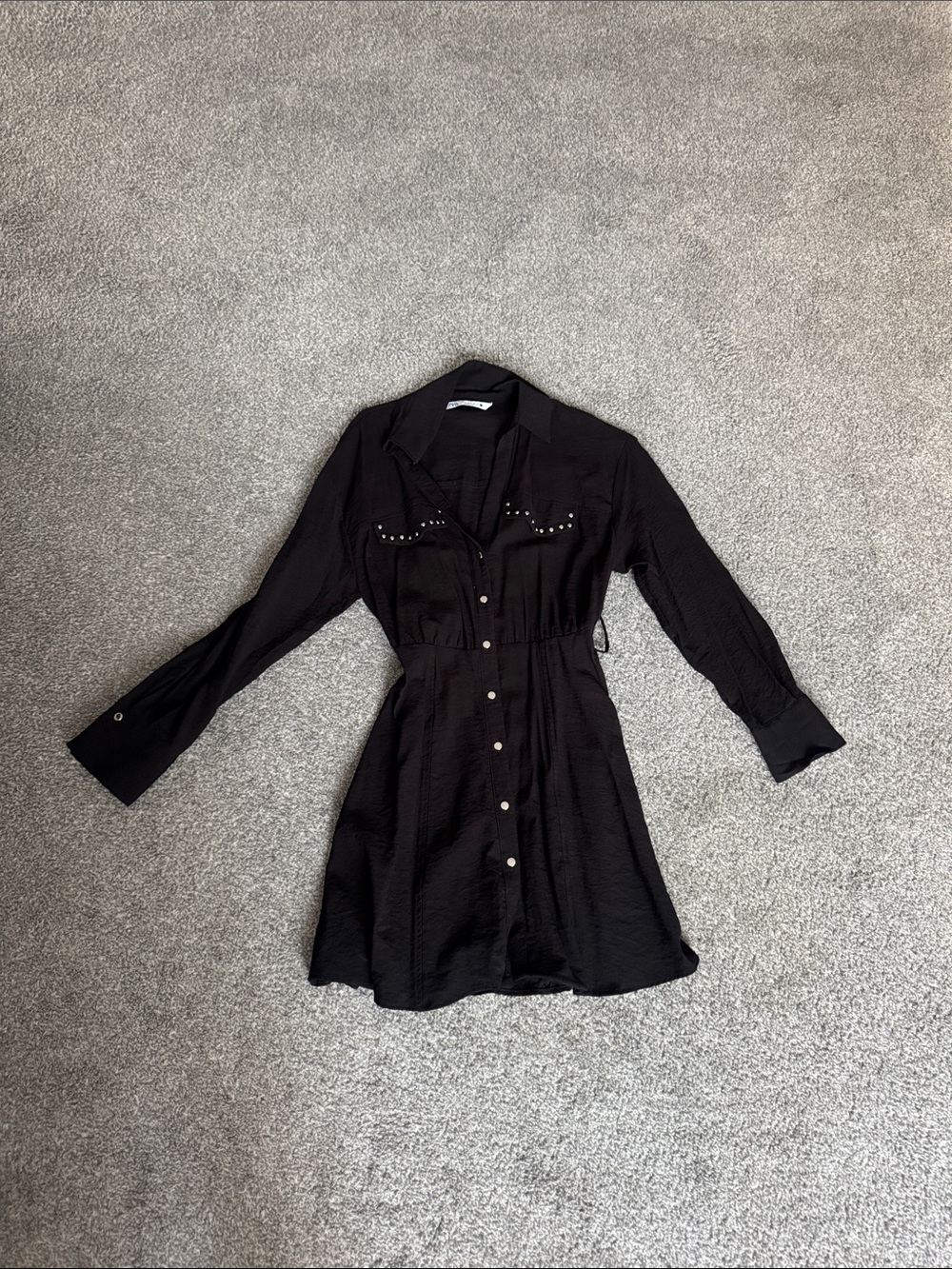 Zara Black Long-Sleeve Button Front Shirt Dress with Stud Detail